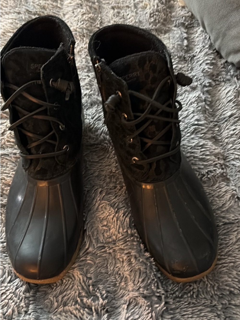 Sperry Black Duck Boots with Leopard-Print Upper